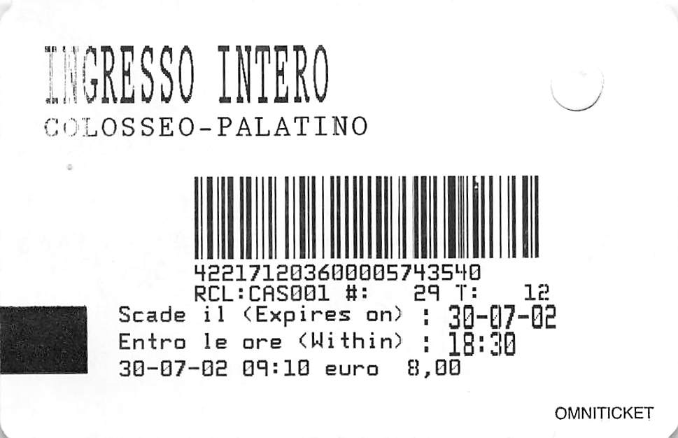 コロッセオとパラティーノの入場券８ユーロ（2002年当時）